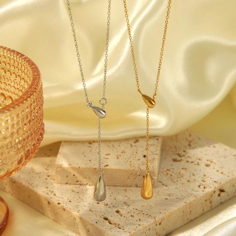 Wassertropfen Anhänger Y Halskette Edelstahl 18K Vergoldet Minimalistische Geometrische Lariat Schmuck Damen