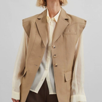 Women Sleeveless Suit Blazer Vest Polyester Lapel Collar Button Up Utility Waistcoat With Flap Pockets Back Slit