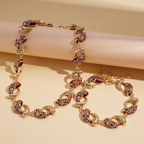 Collier Et Bracelet En Alliage Fleur Email Rouge Goutte D'eau Avec Zircon Style Rétro Luxe Pour Femme