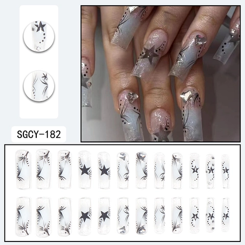 Uñas Postizas Largas Cuadradas Degradado Azul Patrón Estrella Diamantes Corazón Estilo Y2K Mujeres