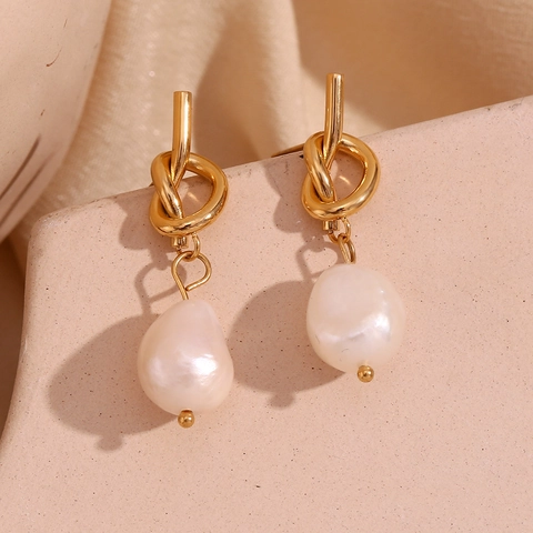 Boucles D'oreilles Puces En Acier Inoxydable Plaqué Or 18K Nœud Bouton Perle D'eau Douce Femmes Vintage Français