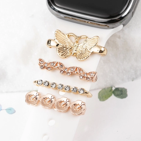 Dijes de Correa de Reloj de Aleación de Diamantes de Imitación de Lujo para Correa de Silicona Apple Watch Lazos Decorativos Accesorios de Joyería de Metal Mujer
