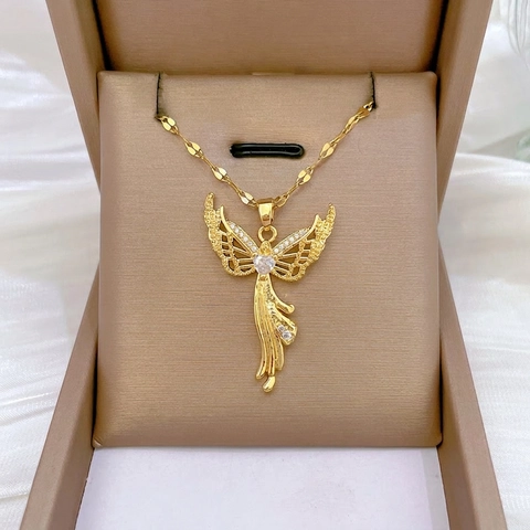 Angel Wing Heart Pendant Necklace Gold Plated Stainless Steel Chain Copper Zirconia Micro Pave Shiny Jewelry For Women