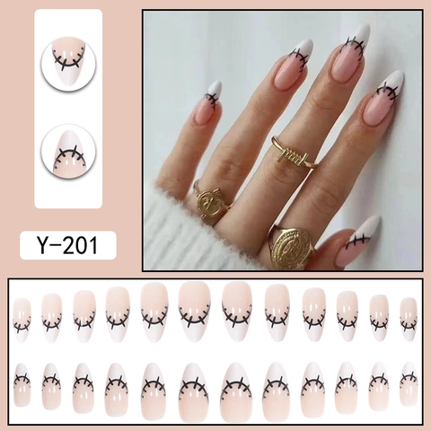 Unghie Finte Press On Long Stiletto French Tip Design Graffiti Nero Punk Per Donna Manicure Quotidiana Elegante