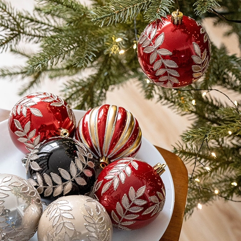 Plastic Christmas Ball Ornaments With Painted Willow Leaf Pattern Glitter Hanging Baubles For Xmas Tree Holiday Home Party Decor