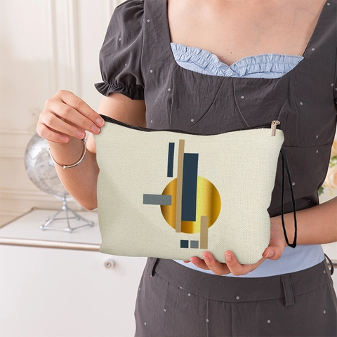 Makeup Bag Geometric Abstract Print Fine Linen Cosmetic Pouch Portable Travel Storage Organizer With Wristlet Alloy Zipper