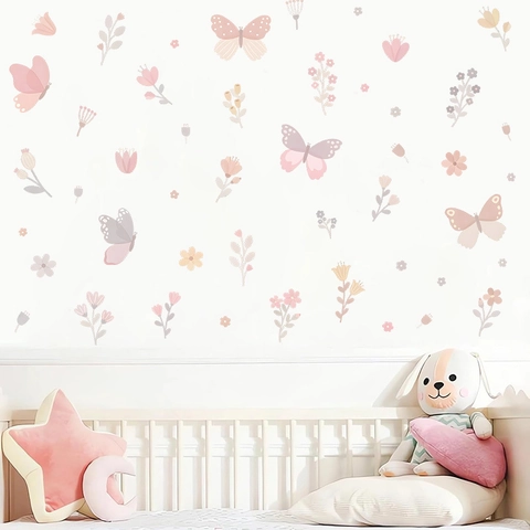 Adesivi Murali Farfalla Fiore Acquerello PVC Impermeabile Autoadesivo Per Cameretta Bambini Camera Da Letto Casa