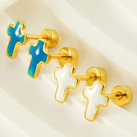 Orecchini A Croce Acciaio Inossidabile Placcato Oro 18K Smalto Minimalista Chiusura A Vite Gioielli Moda Donna