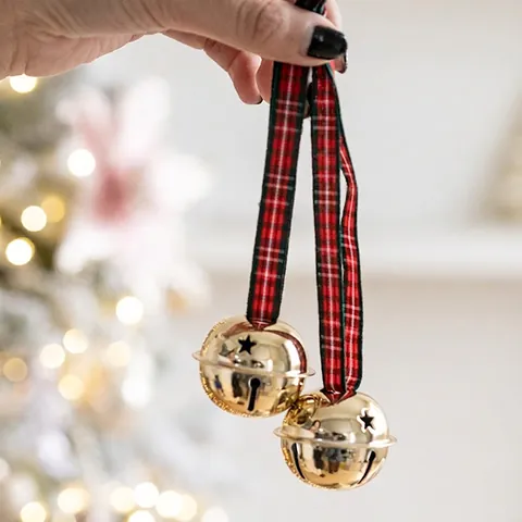 Colgantes De Campanas De Navidad Metal Dorado Con Recortes De Estrellas Y Cintas A Cuadros Adornos Colgantes Para Decoración De Árbol