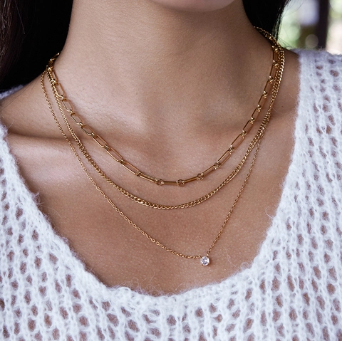 Collana a Tre Strati in Acciaio Inossidabile da Donna Placcata Oro Catena a Graffetta con Ciondolo in Zirconia Gioielli Regalo