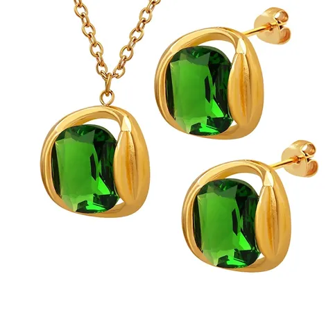 Collana E Orecchini In Cristallo Verde Smeraldo Acciaio Inossidabile Placcato Oro 18K Elegante Vintage Da Donna