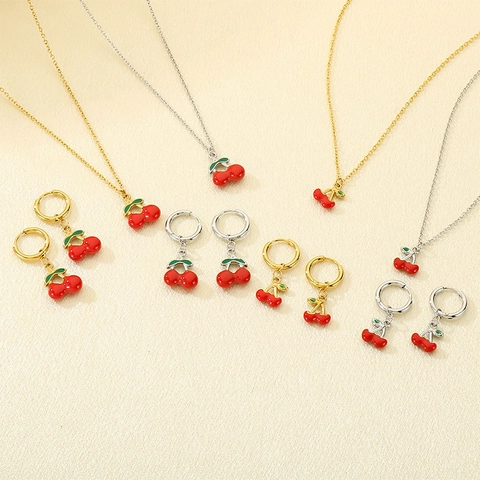 Collana E Orecchini Ciliegia Acciaio Inossidabile Frutta Rossa Smalto Gioielli Moda Dolce E Fresca Per Donne