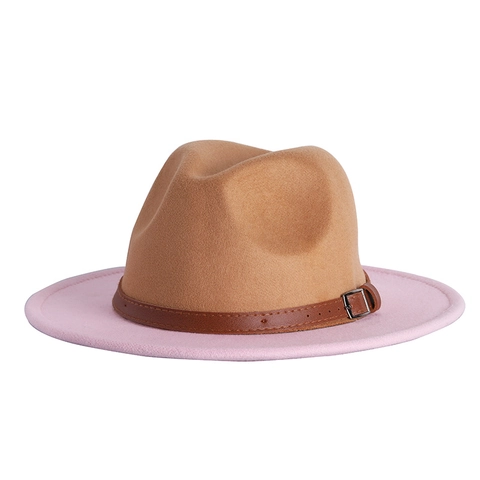 Tweekleurige Fedora Hoed Van Wolvilt Brede Rand Jazzhoed Met Leren Band Verstelbare Elegante Mode Accessoires