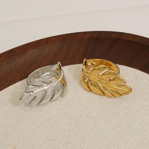 Monstera Blatt Offener Ring Edelstahl PVD Gold Plattiert Hohl Verstellbar Tropenpflanze Schmuck Damen