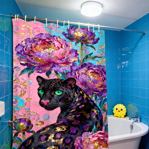 Duschvorhang Wasserdichtes Polyestergewebe 3D Digitaldruck Schwarzer Panther Wolf Kitsune Kunst Fantasie Badezimmer Dekor