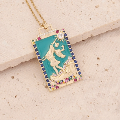 Vintage Tarot Card Pendant Necklace Copper Colorful Enamel Cubic Zirconia Major Arcana Astrology Jewelry For Women