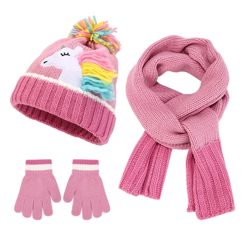 Cappello Sciarpa E Guanti In Maglia Per Bambine Rosa Ricamo Unicorno Acrilico Caldo Inverno All Aperto Pompon Nappa