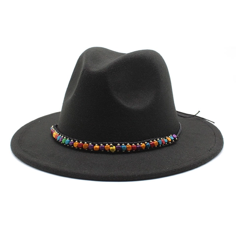 Woolen Felt Fedora Hat With Colorful Bohemian Beads Band Vintage British Style Jazz Cap For Unisex Sun Protection