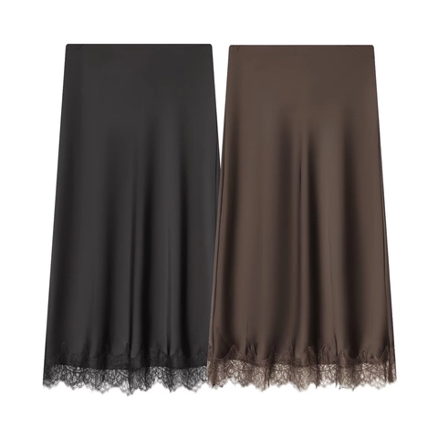 Gonna Midi In Satin Da Donna Con Bordo In Pizzo Stile Street Sexy Moda Tinta Unita Effetto Raso
