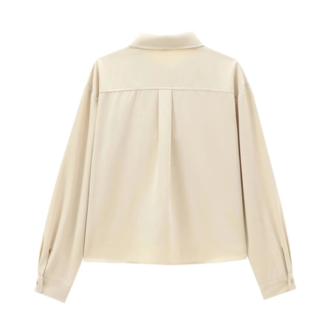 Women Long Sleeve Button Up Shirt Twill Polyester Lapel Collar Single Pocket Curved Hem Casual Office Blouse