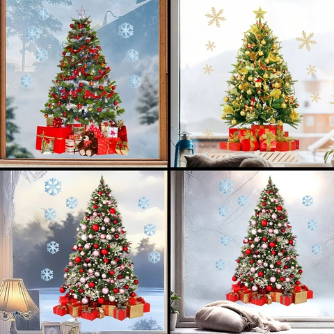 Christmas Window Stickers PVC Static Cling Decals Festive Tree Snowflakes Gift Boxes Home Glass Party Decor