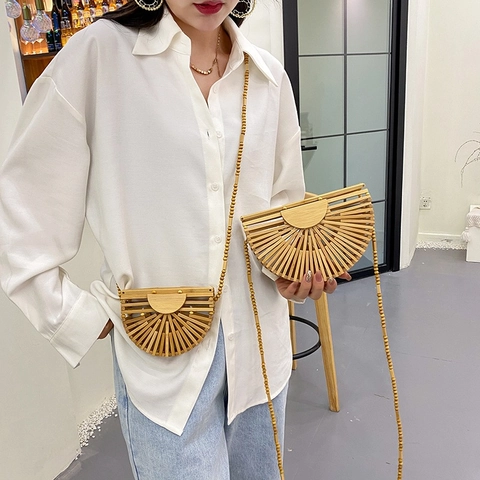 Bamboo Woven Half Moon Bag Natural Wood Beaded Strap Crossbody Handbag Hollow Out Summer Beach Holiday Style For Women