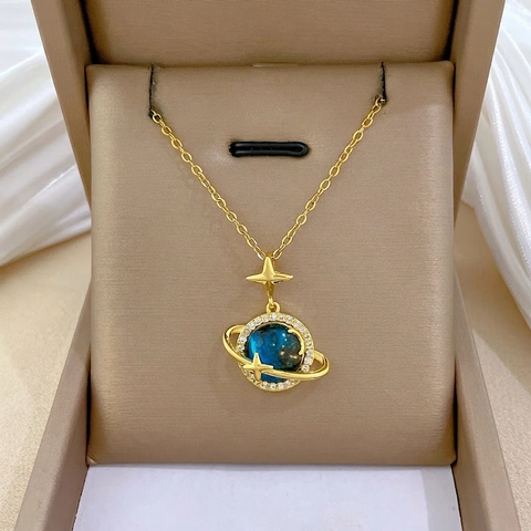 Planet Pendant Necklace Titanium Steel Copper Micro Inlaid Zircon Star Moon Blue Orb Elegant Jewelry Women
