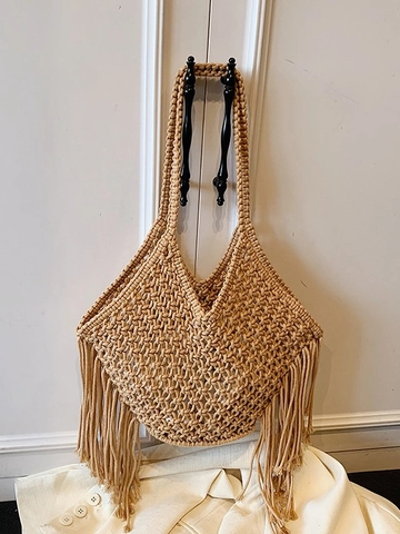 Handwoven Macrame Tassel Tote Bag Cotton Rope Hollow Fringe Bohemian Summer Beach Shoulder Bag For Women