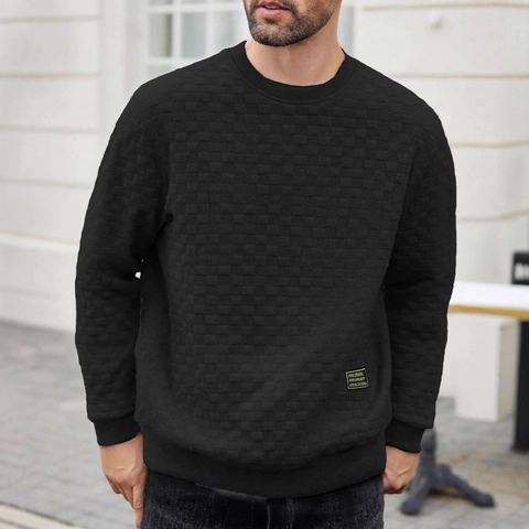 Heren Sweatshirt Met Ronde Hals Wafelrooster Textuur Lange Mouwen Casual Pullover Top Met Patch Streetwear Urban Mode