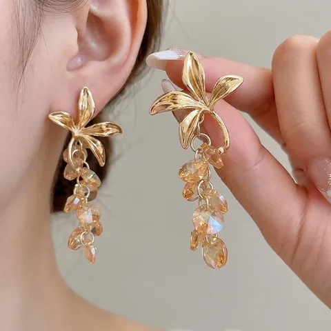 Orecchini Pendenti A Fiore Con Cristallo Champagne E Perno In Argento Sterling 925 Gioielli Eleganti Stile Francese