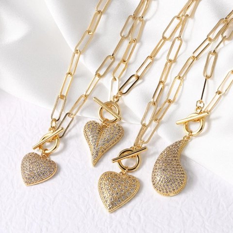 Collana Pendente Cuore Goccia Rame Placcato Oro Zirconia Catena A Graffetta Chiusura A Gancio Gioielli Di Moda Per Donna