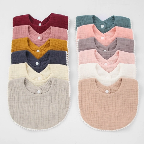 Baby Bib Cotton Muslin Gauze Double Layer Soft Absorbent Pom-Pom Trim Saliva Towel For Newborn Infant