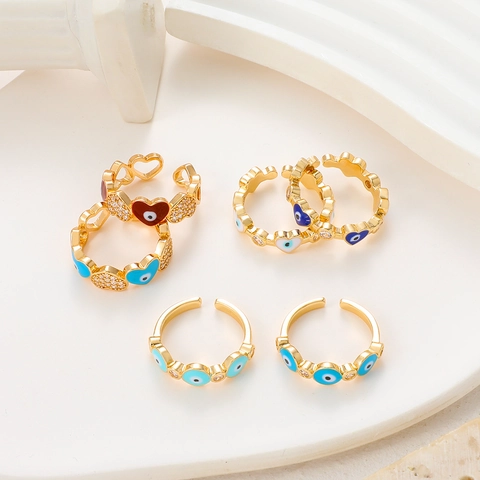Evil Eye Herz Offener Ring Kupfer Vergoldet Emaille Zirkon Verstellbarer Schmuck Für Frauen Boho Vintage Stil