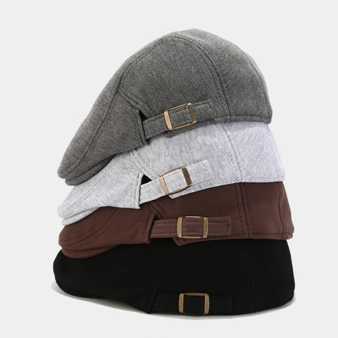 Vintage Flat Cap Cotton Adjustable Side Buckle Solid Color Retro Ivy Newsboy Hat For Men Casual British Classic Style