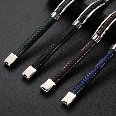 Men Braided Microfiber Leather Bracelet With Stainless Steel Polished ID Bar Magnetic Clasp Multi Layer Jewelry Gift Simple Style