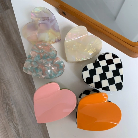 Heart Shaped Hair Claw Clip Acetate Checkered Pattern Color Block Korean Sweet Style Hair Accessories For Women Girls