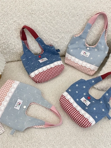 Koreaanse Stijl Zoete Kant Denim Patchwork Draagtas Handtas Plaid Ster Boog Print Hart Decor Draagbare Vrouwen Tas