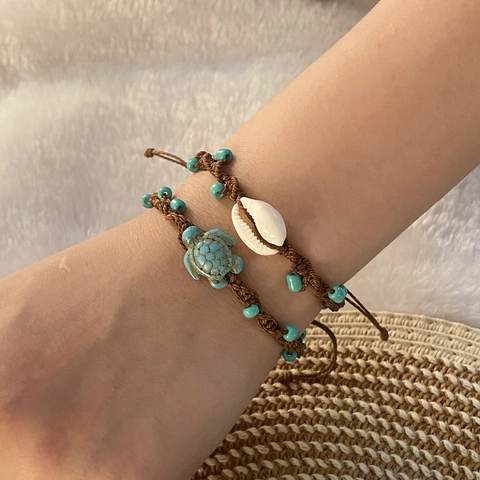 Bohemian Handmade Woven Bracelet With Shell Turtle Turquoise Rice Beads Adjustable Beach Jewelry For Women