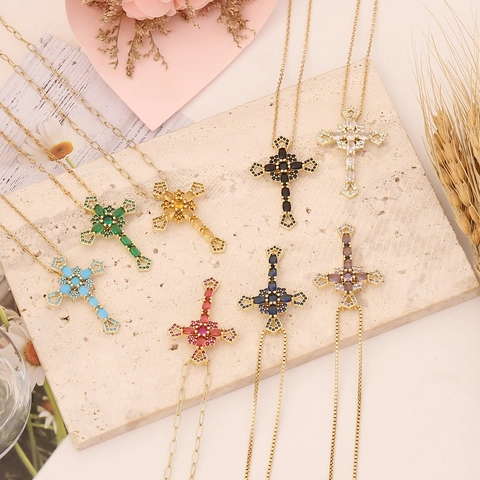 Collana Con Pendente A Croce Rame Zircone Acciaio Inossidabile Pietre Colorate Gioielli Moda Donne Catena