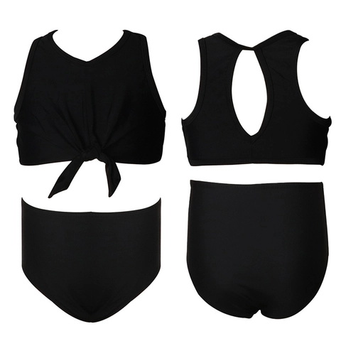 Girls Swimsuit High Waisted Bikini Top And Bottom Knot Front Back Cutout Nylon Beachwear Solid Color Bathing Suit