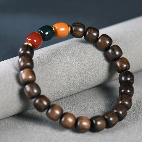 Wood Beaded Bracelet Retro Chinese Style Zen Unisex Elastic Hand String With Three Color Accent Beads And Metal Spacers