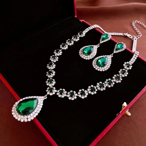Collana E Orecchini A Goccia Verde Smeraldo Rame Strass Gioielli Vintage Di Lusso Per Donna