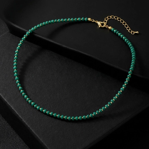 Emerald Green Beaded Necklace Handmade Glass Seed Bead Choker Copper Gold Spacers Vacation Jewelry For Women