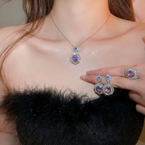 Lila Ovales Zirkonia Schmuckset Mit Silbernem Ohrstecker Halskette Ohrringe Ring Luxuriöser Vintage Stil Für Damen