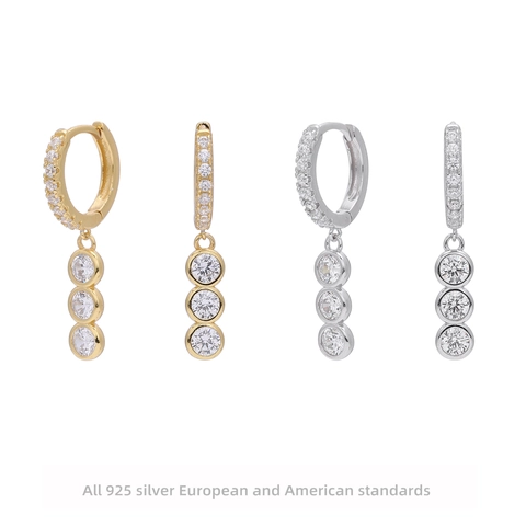 Elegante 925 Sterling Zilveren Hanger Oorbellen Met Drievoudige Zirconia Druppel Minimalistische Mode Oorsieraden Voor Dames