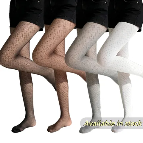 Women Vintage Geometric Pattern Fishnet Pantyhose Nylon Thin Breathable Zigzag Herringbone Sexy Tights Retro Hosiery