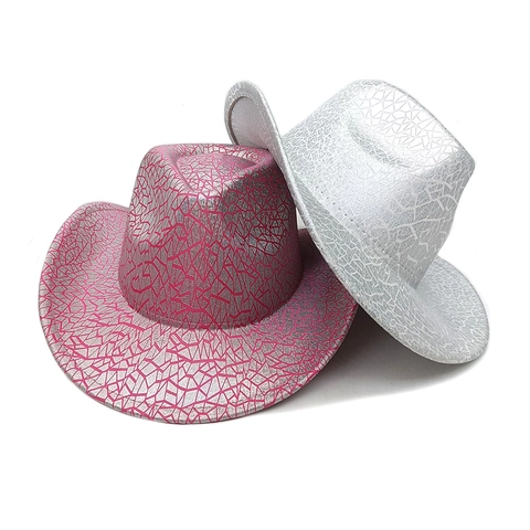 Western Cowboy Hat Laser Metallic Crackle Texture Polyester Wide Brim For Party Stage Performance Men Women