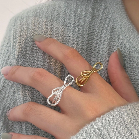Bow-knot 925 Sterling Silver Open Ring Adjustable Ribbon Minimalist Korean Style Jewelry For Women