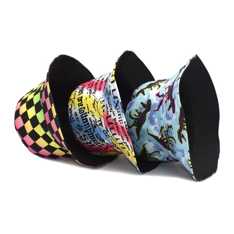 Bucket Hat Reversible Sun Protection Outdoor Casual Graffiti Letter Colorful Checkered Dinosaur Print Unisex Cotton Polyester