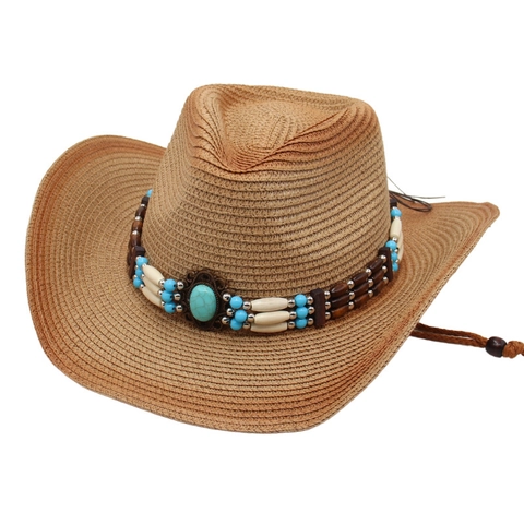 Gevlochten Strooien Cowboyhoed Westerse Etnische Turquoise Kralendecoratie Zonbescherming Strandhoed Vintage Verstelbaar Touw